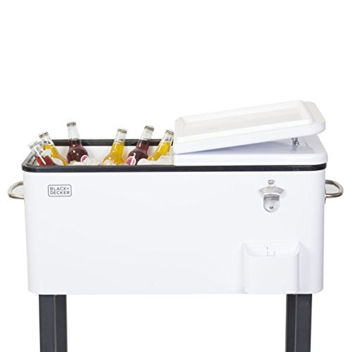 BLACK+DECKER, Mobile Cooler Cart, 2 Door Seal Lid, Bottle Opener with Catch Basin, Bottom Storage Tray, 4 Rolling Wheels, White, BCC20W