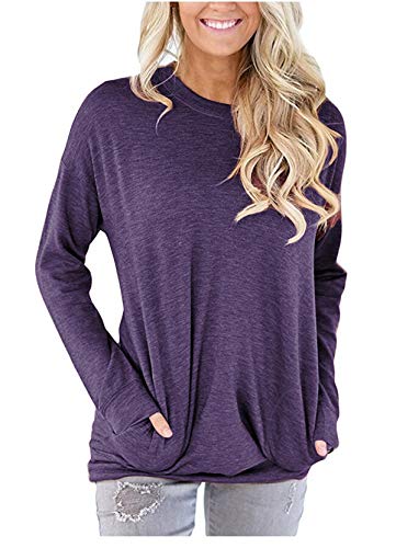 ELF QUEEN Womens Kangaroo Pocket Pull Over T Shirt Round Neck Big Pocket Tunic Leisure Spring Top Purple Medium