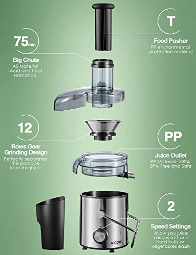 AICOK Juicer Extractor 1000W Centrifugal Juicer Machines Ultra Fast Extract Various Fruit and Vegetable Juice, 75MM Large Feed Chute Easy Clean Juicer with 2 Speed Control, BPA Free