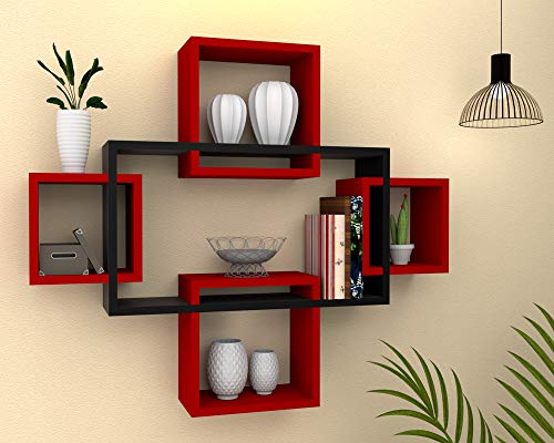 Vudy Exclusively Designed Wall Shelf with 5 intersecting Decorative Living Room Shelves (White & Red)