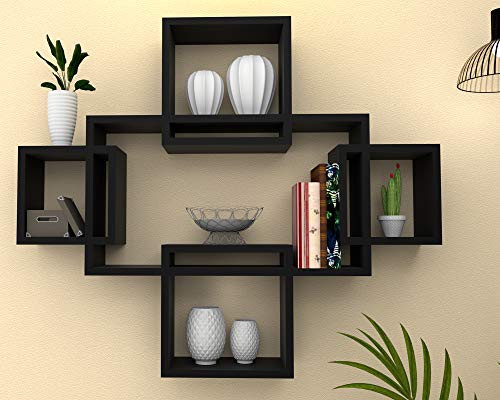 Vudy Exclusively Designed Wall Shelf with 5 intersecting Decorative Living Room Shelves (White & Red)