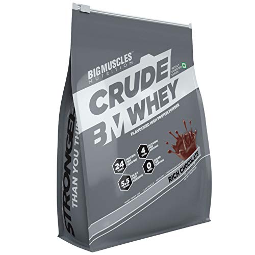 Bigmuscles Nutrition Crude Whey - 1 kg (Rich Chocolate), Whey Protein Concentrate 80%, 24g Protein, 5.5g BCAA, 4 g Glutamine