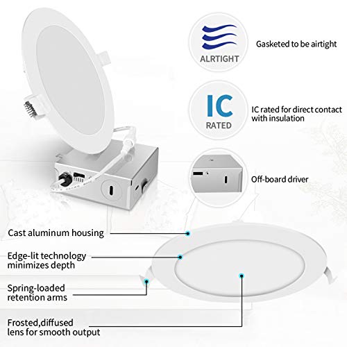 Wosen 6 Pack 6 inch Ultra-Thin LED Recessed Light with Junction Box,2700K-6000K 5CCT Selectable,15W 120W Eqv,Dimmable Downlight,1050LM,Can-Killer Recessed Lighting,ETL & Energy Star