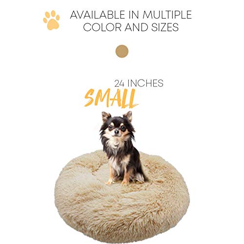 Alpha Paw Cozy Calming Dog Bed for Small Dogs, Anti Anxiety, Comfy, Fluffy, Ultra Soft, Round Pillow Donut Pet Bed for Dogs (Small 24", Beige)