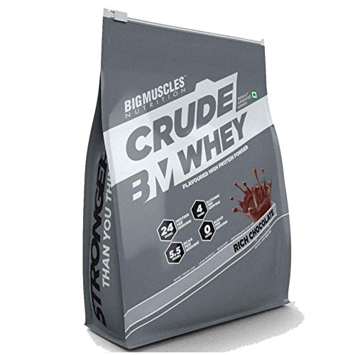 Bigmuscles Nutrition Crude Whey - 1 kg (Rich Chocolate), Whey Protein Concentrate 80%, 24g Protein, 5.5g BCAA, 4 g Glutamine