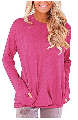 ELF QUEEN Womens Kangaroo Pocket Pull Over T Shirt Round Neck Big Pocket Tunic Leisure Spring Top Purple Medium