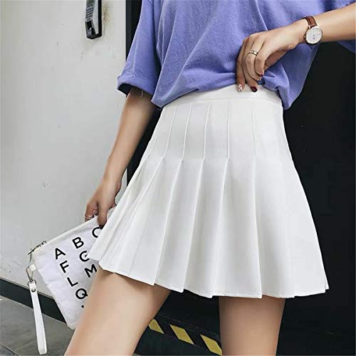 Girls Women High Waisted Plain Pleated Skirt Skater Tennis School Uniforms A-line Mini Skirt Lining Shorts (White, Small)