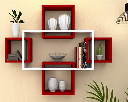 Vudy Exclusively Designed Wall Shelf with 5 intersecting Decorative Living Room Shelves (White & Red)