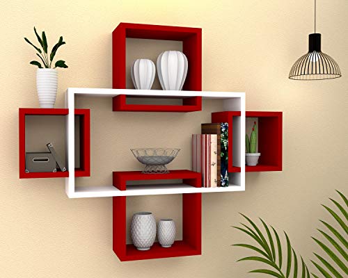 Vudy Exclusively Designed Wall Shelf with 5 intersecting Decorative Living Room Shelves (White & Red)