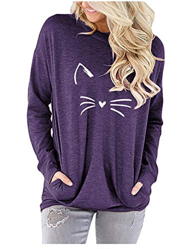 ELF QUEEN Womens Kangaroo Pocket Pull Over T Shirt Round Neck Big Pocket Tunic Leisure Spring Top Purple Medium