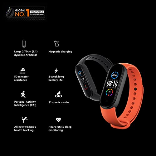 Mi Smart Band 5 – India’s No. 1 Fitness Band, 1.1 inch (2.8 cm) AMOLED Color Display, Magnetic Charging, 2 Weeks Battery Life, Personal Activity Intelligence (PAI), Women’s Health Tracking