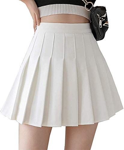 Girls Women High Waisted Plain Pleated Skirt Skater Tennis School Uniforms A-line Mini Skirt Lining Shorts (White, Small)