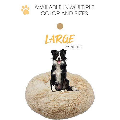 Alpha Paw Cozy Calming Dog Bed for Small Dogs, Anti Anxiety, Comfy, Fluffy, Ultra Soft, Round Pillow Donut Pet Bed for Dogs (Small 24", Beige)