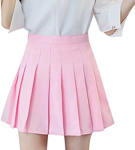 Girls Women High Waisted Plain Pleated Skirt Skater Tennis School Uniforms A-line Mini Skirt Lining Shorts (White, Small)