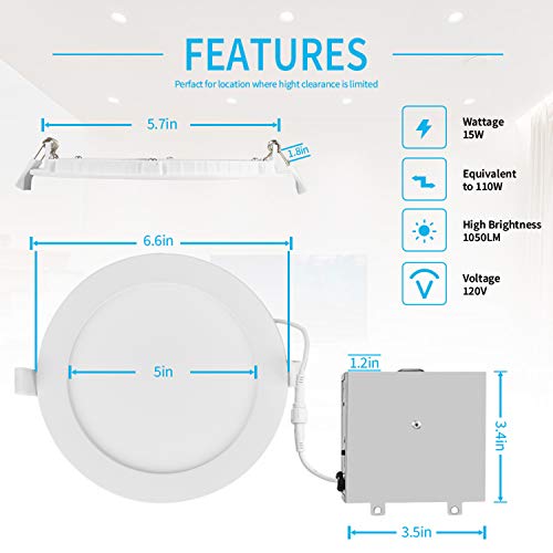 Wosen 6 Pack 6 inch Ultra-Thin LED Recessed Light with Junction Box,2700K-6000K 5CCT Selectable,15W 120W Eqv,Dimmable Downlight,1050LM,Can-Killer Recessed Lighting,ETL & Energy Star