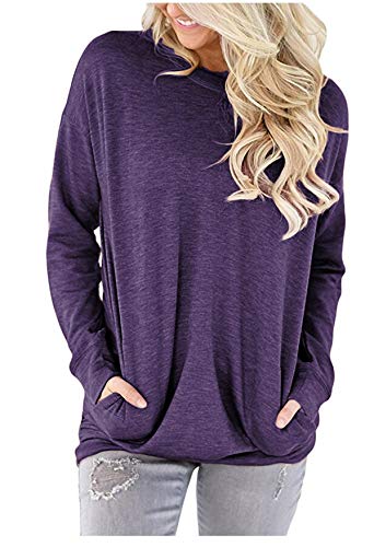 ELF QUEEN Womens Kangaroo Pocket Pull Over T Shirt Round Neck Big Pocket Tunic Leisure Spring Top Purple Medium