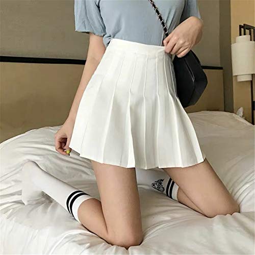 Girls Women High Waisted Plain Pleated Skirt Skater Tennis School Uniforms A-line Mini Skirt Lining Shorts (White, Small)