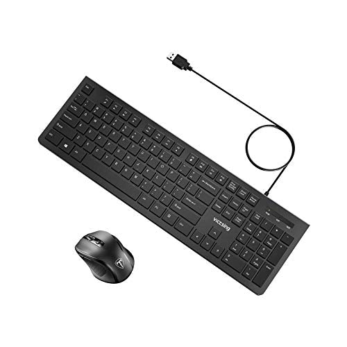 VicTsing MM057 2.4G Wireless Portable Mobile Mouse with Wired Keyboard, Optical Mice with USB Receiver, 5 Adjustable DPI Levels, ow Profile Chiclet USB Keyboard for Windows/PC/Laptop/Desktop/Surface/C