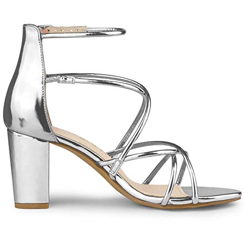 Allegra K Women's Strappy Crisscross Strap Block Heels Silver Sandals - 6 M US