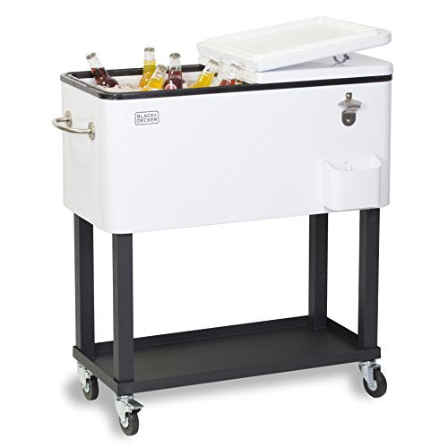 BLACK+DECKER, Mobile Cooler Cart, 2 Door Seal Lid, Bottle Opener with Catch Basin, Bottom Storage Tray, 4 Rolling Wheels, White, BCC20W