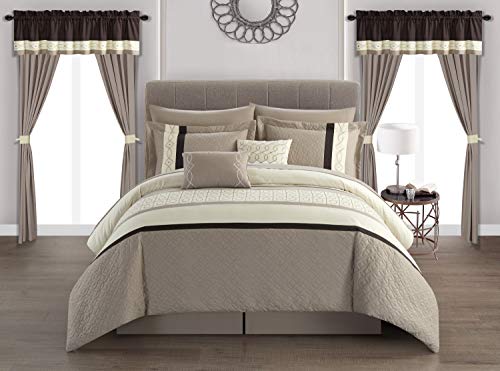 Chic Home Katrin 20 Piece Comforter Color Block Geometric Embroidered Bag Bedding-Sheet Set Pillowcases Window Treatments Decorative Pillows Shams Included, Queen, Beige