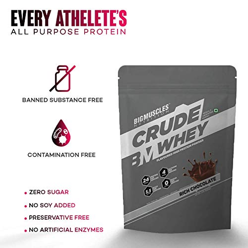 Bigmuscles Nutrition Crude Whey - 1 kg (Rich Chocolate), Whey Protein Concentrate 80%, 24g Protein, 5.5g BCAA, 4 g Glutamine