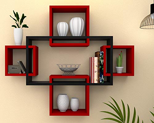 Vudy Exclusively Designed Wall Shelf with 5 intersecting Decorative Living Room Shelves (White & Red)