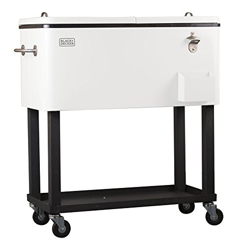 BLACK+DECKER, Mobile Cooler Cart, 2 Door Seal Lid, Bottle Opener with Catch Basin, Bottom Storage Tray, 4 Rolling Wheels, White, BCC20W