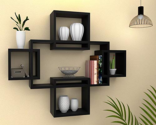 Vudy Exclusively Designed Wall Shelf with 5 intersecting Decorative Living Room Shelves (White & Red)