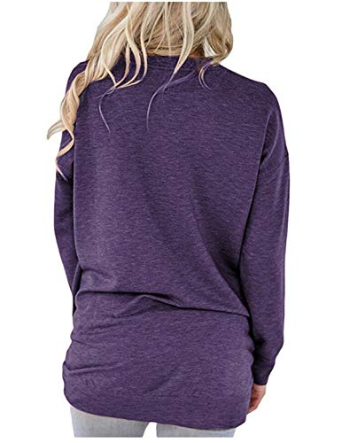 ELF QUEEN Womens Kangaroo Pocket Pull Over T Shirt Round Neck Big Pocket Tunic Leisure Spring Top Purple Medium