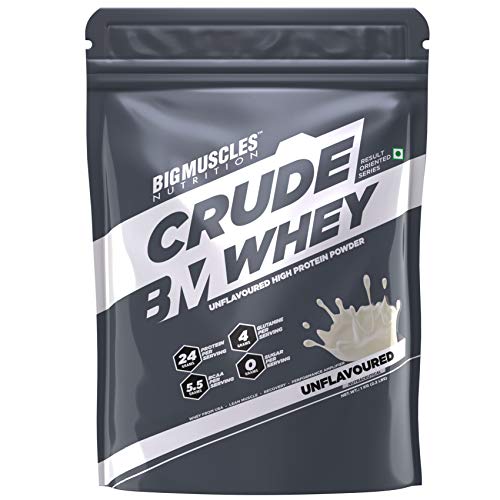 Bigmuscles Nutrition Crude Whey - 1 kg (Rich Chocolate), Whey Protein Concentrate 80%, 24g Protein, 5.5g BCAA, 4 g Glutamine