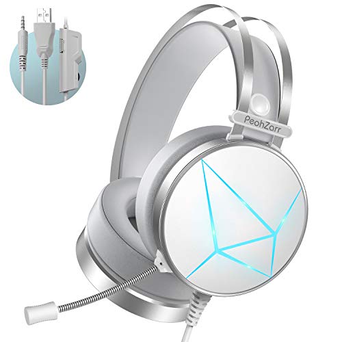 PeohZarr Gaming Headset PS4 headset Xbox One Headset, 7.1 Surround Sound, PC Headset with Crystal Clear Mic, White Headset, Compatible with Xbox One Controller(Adapter Not Included), PS4, PS5