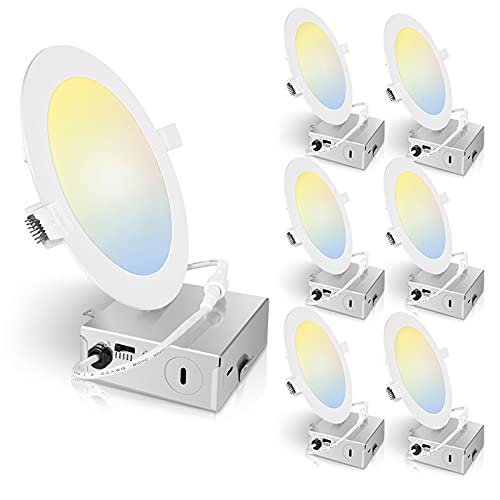 Wosen 6 Pack 6 inch Ultra-Thin LED Recessed Light with Junction Box,2700K-6000K 5CCT Selectable,15W 120W Eqv,Dimmable Downlight,1050LM,Can-Killer Recessed Lighting,ETL & Energy Star