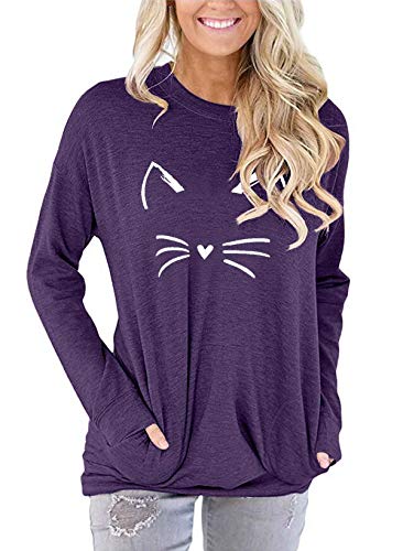 ELF QUEEN Womens Kangaroo Pocket Pull Over T Shirt Round Neck Big Pocket Tunic Leisure Spring Top Purple Medium