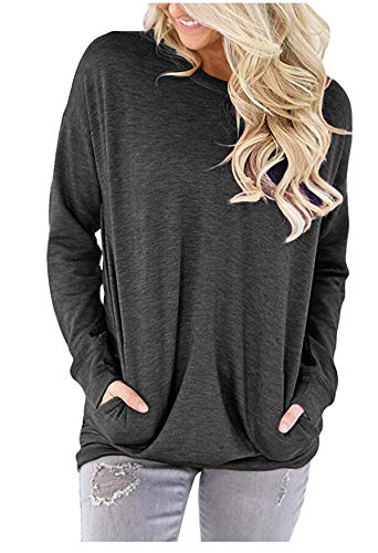 ELF QUEEN Womens Kangaroo Pocket Pull Over T Shirt Round Neck Big Pocket Tunic Leisure Spring Top Purple Medium