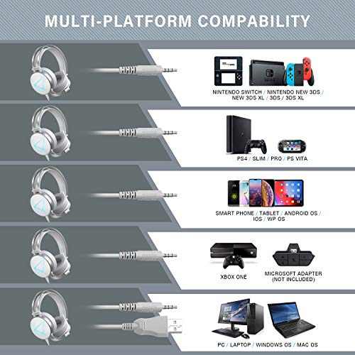 PeohZarr Gaming Headset PS4 headset Xbox One Headset, 7.1 Surround Sound, PC Headset with Crystal Clear Mic, White Headset, Compatible with Xbox One Controller(Adapter Not Included), PS4, PS5