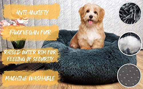 Alpha Paw Cozy Calming Dog Bed for Small Dogs, Anti Anxiety, Comfy, Fluffy, Ultra Soft, Round Pillow Donut Pet Bed for Dogs (Small 24", Beige)