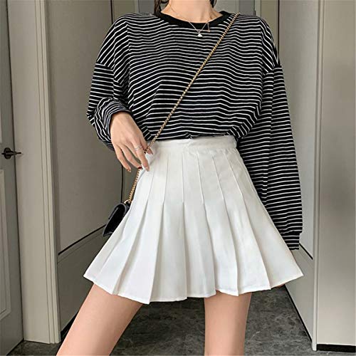 Girls Women High Waisted Plain Pleated Skirt Skater Tennis School Uniforms A-line Mini Skirt Lining Shorts (White, Small)