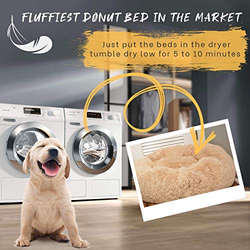 Alpha Paw Cozy Calming Dog Bed for Small Dogs, Anti Anxiety, Comfy, Fluffy, Ultra Soft, Round Pillow Donut Pet Bed for Dogs (Small 24", Beige)