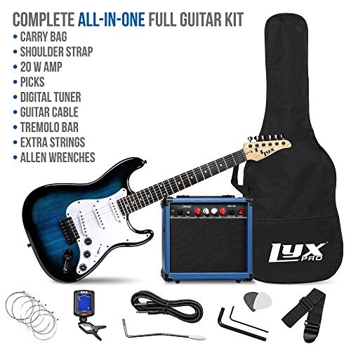 LyxPro 39 inch Electric Guitar Kit Bundle with 20w Amplifier, All Accessories, Digital Clip On Tuner, Six Strings, Two Picks, Tremolo Bar, Shoulder Strap, Case Bag Starter kit Full Size - Blue