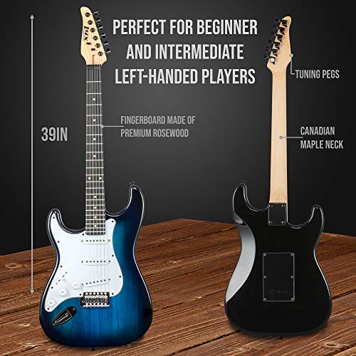 LyxPro 39 inch Electric Guitar Kit Bundle with 20w Amplifier, All Accessories, Digital Clip On Tuner, Six Strings, Two Picks, Tremolo Bar, Shoulder Strap, Case Bag Starter kit Full Size - Blue