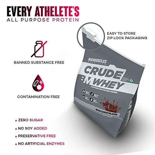 Bigmuscles Nutrition Crude Whey - 1 kg (Rich Chocolate), Whey Protein Concentrate 80%, 24g Protein, 5.5g BCAA, 4 g Glutamine