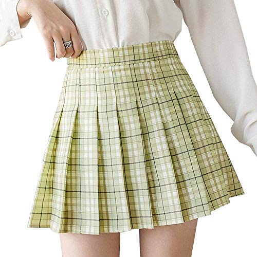 Girls Women High Waisted Plain Pleated Skirt Skater Tennis School Uniforms A-line Mini Skirt Lining Shorts (White, Small)