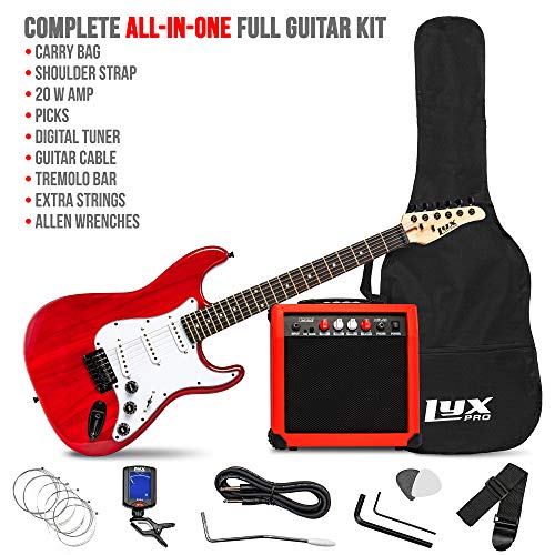 LyxPro 39 inch Electric Guitar Kit Bundle with 20w Amplifier, All Accessories, Digital Clip On Tuner, Six Strings, Two Picks, Tremolo Bar, Shoulder Strap, Case Bag Starter kit Full Size - Blue