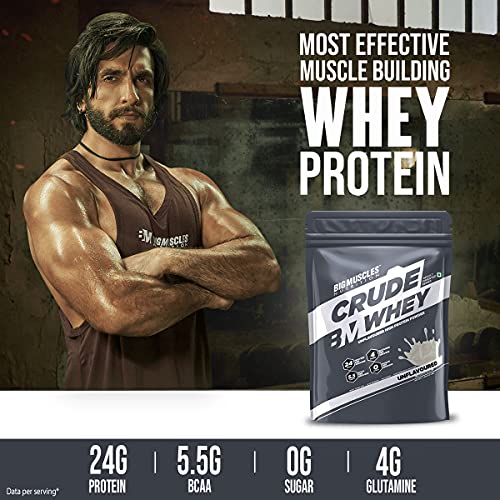 Bigmuscles Nutrition Crude Whey - 1 kg (Rich Chocolate), Whey Protein Concentrate 80%, 24g Protein, 5.5g BCAA, 4 g Glutamine