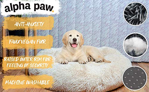 Alpha Paw Cozy Calming Dog Bed for Small Dogs, Anti Anxiety, Comfy, Fluffy, Ultra Soft, Round Pillow Donut Pet Bed for Dogs (Small 24", Beige)