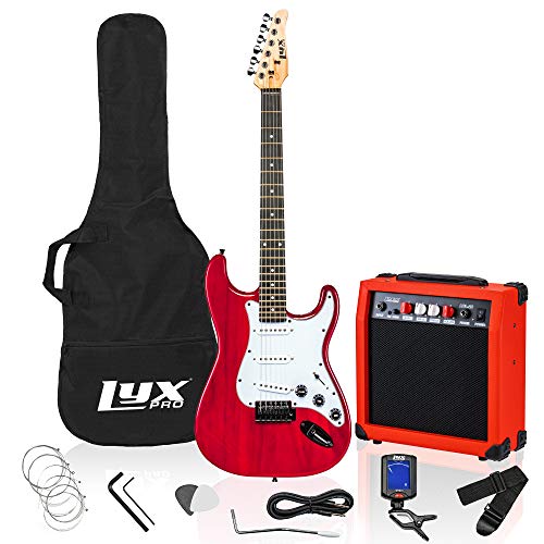 LyxPro 39 inch Electric Guitar Kit Bundle with 20w Amplifier, All Accessories, Digital Clip On Tuner, Six Strings, Two Picks, Tremolo Bar, Shoulder Strap, Case Bag Starter kit Full Size - Blue