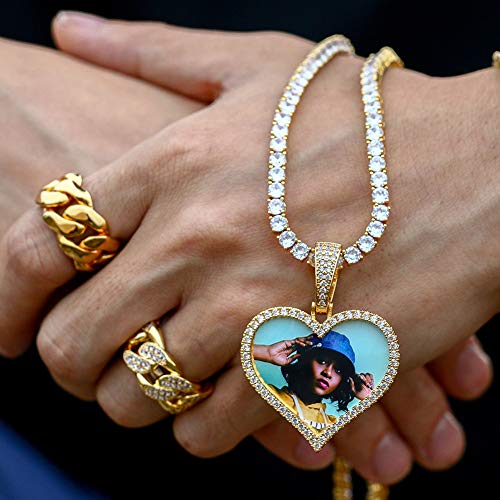 TUHE Personalized Picture/Photo Pendant Necklace Women Men Hip Hop Jewelry Heart-Shaped Custom Memory Medallion Necklace Gold Silver Rope Chain