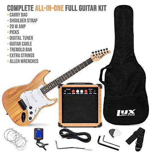 LyxPro 39 inch Electric Guitar Kit Bundle with 20w Amplifier, All Accessories, Digital Clip On Tuner, Six Strings, Two Picks, Tremolo Bar, Shoulder Strap, Case Bag Starter kit Full Size - Blue