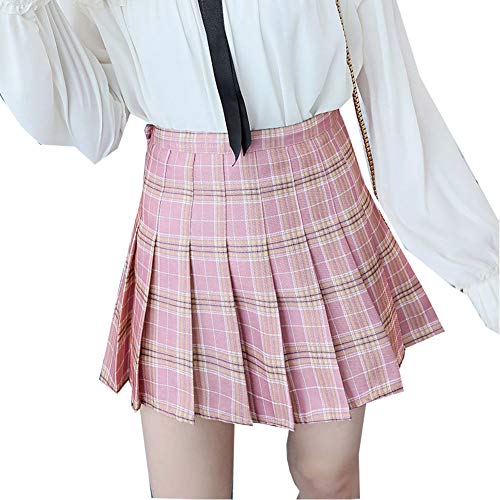 Girls Women High Waisted Plain Pleated Skirt Skater Tennis School Uniforms A-line Mini Skirt Lining Shorts (White, Small)